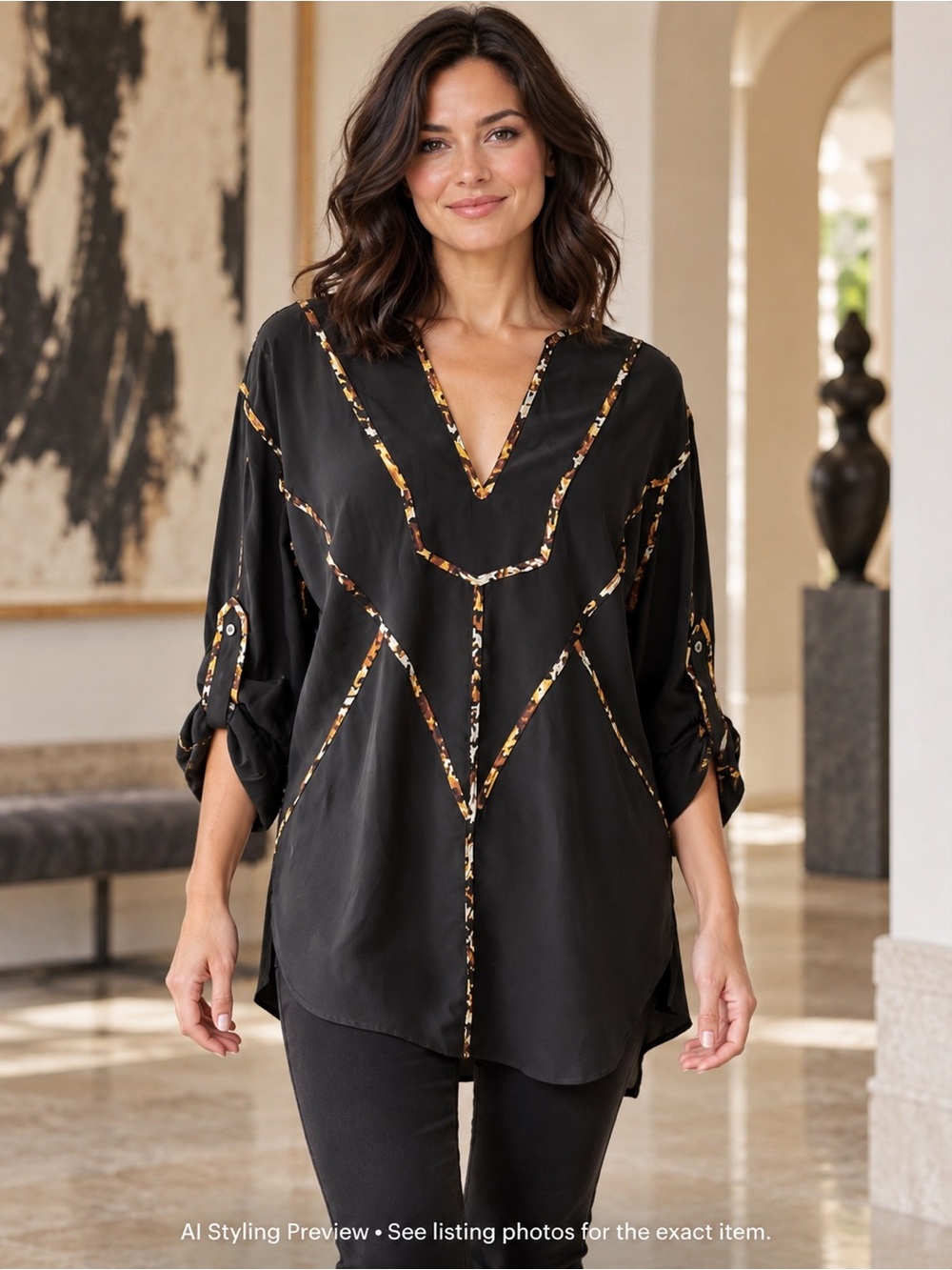BCBGMAXAZRIA M/L Black 100% Silk Tunic Blouse Contrast Trim Boho